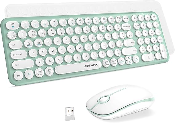 Wireless Keyboard and Mouse Set, XTREMTEC Compact Size Cute Retro Round Silent Keycap - 2.4GHz Ultra Slim Quiet Aesthetic Keyboard, UK Layout Compatible with Mac OS & Windows PC Laptop (Macaron Green)