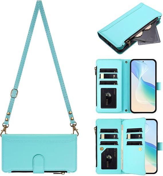 Zipper Crossbody Wallet Wristlet Phone Case for Xiaomi Redmi 9,Magnetic 9 Card Holders Pocket Purse Cover All-Round Shockproof Protective PU Leather Bumper Light Green