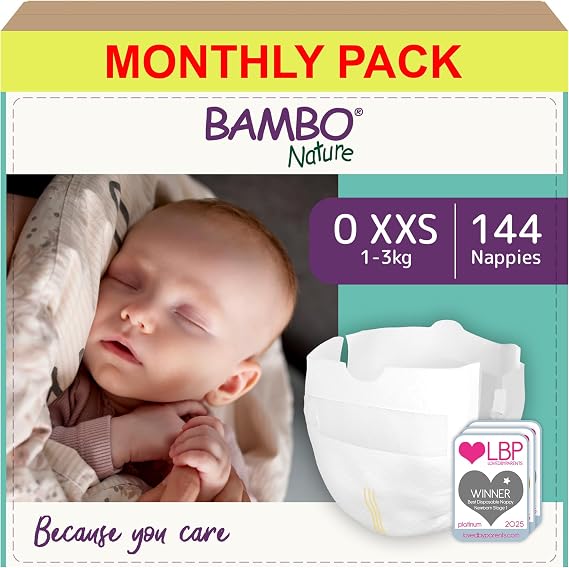 Bambo Nature Premium Eco Nappies, Premature Size 0 (1-3kg) XXS, Pack of 144, Eco-Labelled Sustainable Nappy, Enhanced Leakage Protection, Secure and Comfortable Baby Nappies