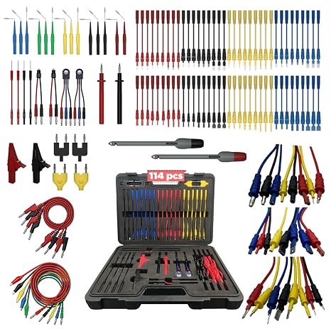 Multimeter Test Leads Kit 114PCS Multimeter Leads Kit Multi Function Electrical Back Probe Kit Efficient Automotive Circuit Test Leads Kit Relay Wire Terminal Test Diagnostic Tool with Alligator Clips
