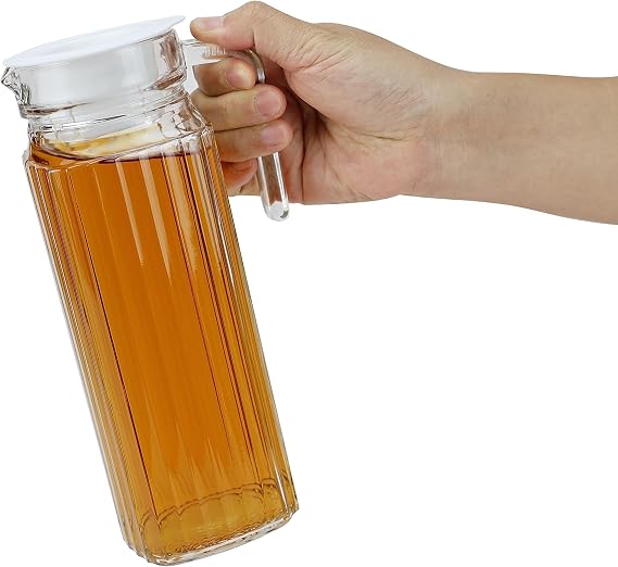 EIKS 37oz Glass Pitcher with Lid, Fridge Water Jug Beverage Container for Serving Hot Liquids, Cold Drinks, Coffee, Juice, Tea