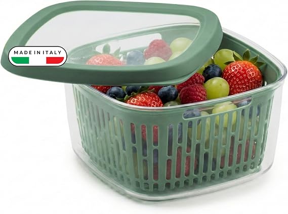 Snips Aroma Keeper 1.5 L Fridge Food Container with Grid, Made in Italy | 1.5 L green Aroma Keeper, 17.5 x 17.5 x 10 cm, removable draining grid, fridge and freezer safe