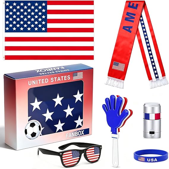 2026 World Cup American Fan Kit, Fourth of July Set for Independence Day with USA Flag, Sunglasses, Banner, Hand Clapper, Wristband & Face Paint, Reusable for Family (USA)