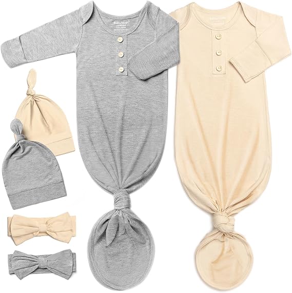 Baby Noah Newborn Knotted Gown Set with Hat and Headband, Soft Tie Bottom Newborn Sleepers for Baby Girl Boy (2 Packs)
