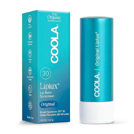 COOLA Liplux SPF 30, Organic Lip Balm Sunscreen, 0.15 oz | Clear, Water Resistant, Dermatologist Tested, Hydrating Broad Spectrum Protection, Vegan, Cruelty Free, Naturally Flavored