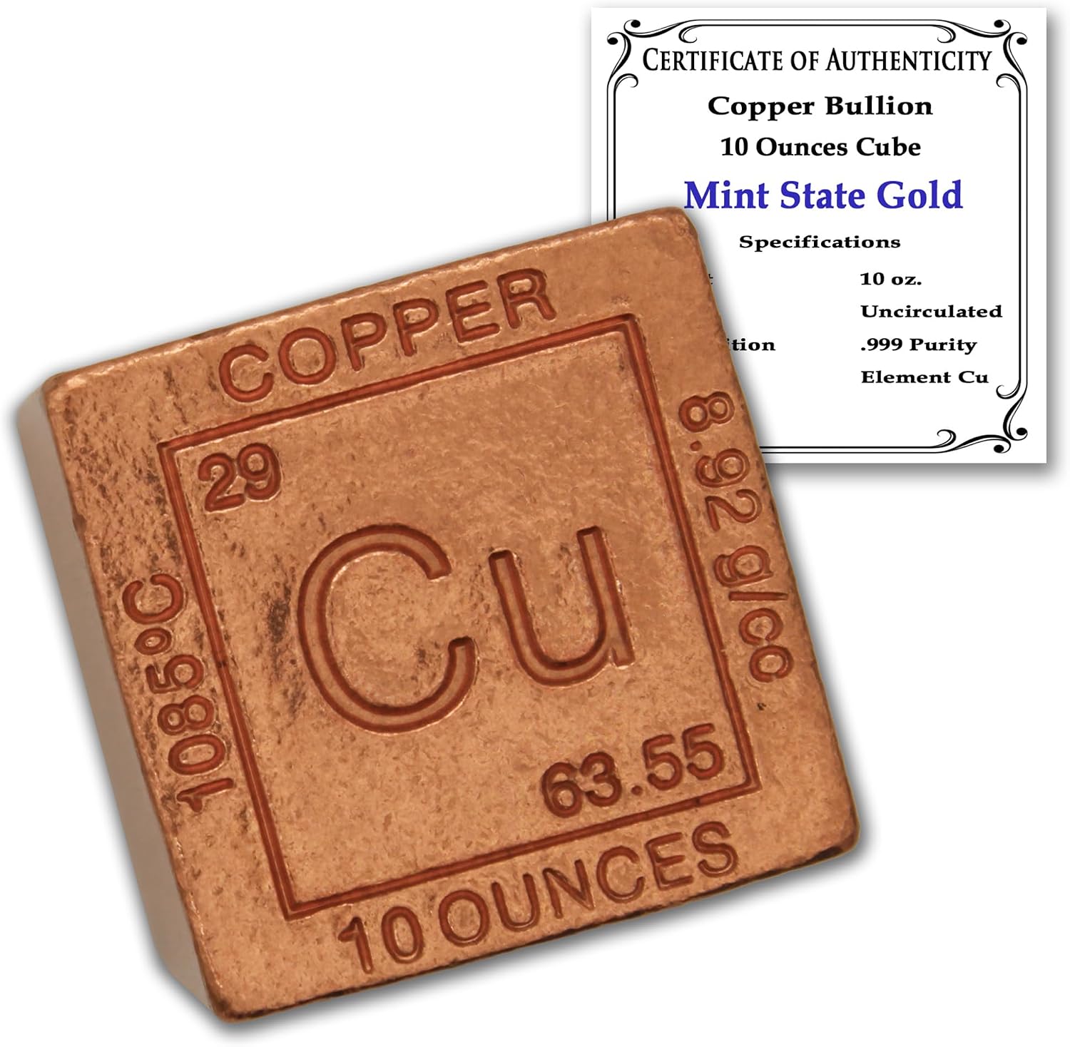 Copper Cube Paperweight 10 oz - 999 Pure Chemistry Element Design with Certificate of Authenticity by Mint State Gold