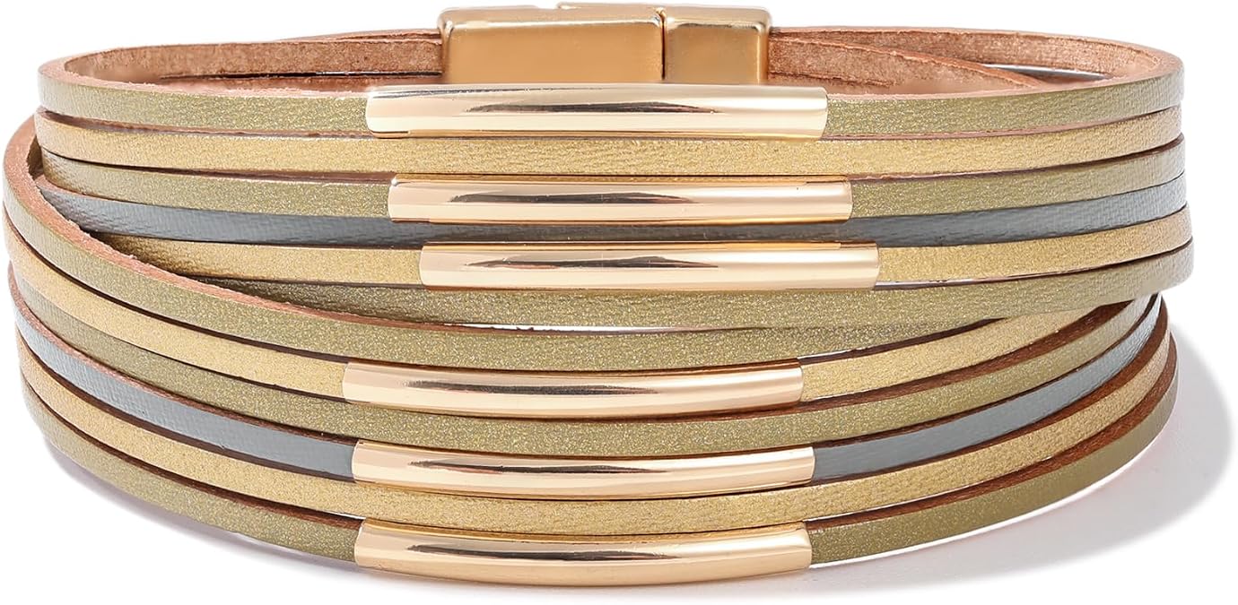 Gold Tube Leather Wrap Bracelets Boho Chunky Stackable Layered Western Cuff