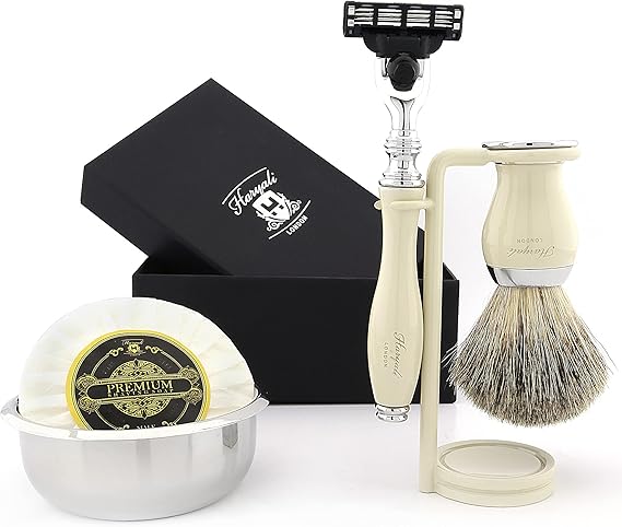 Haryali London 5 Pc Mens Shaving Kit 3 Edge Razor with Black Badger Hair Shaving Brush, Razor Stand, Soap and Stand Perfect Set for Men