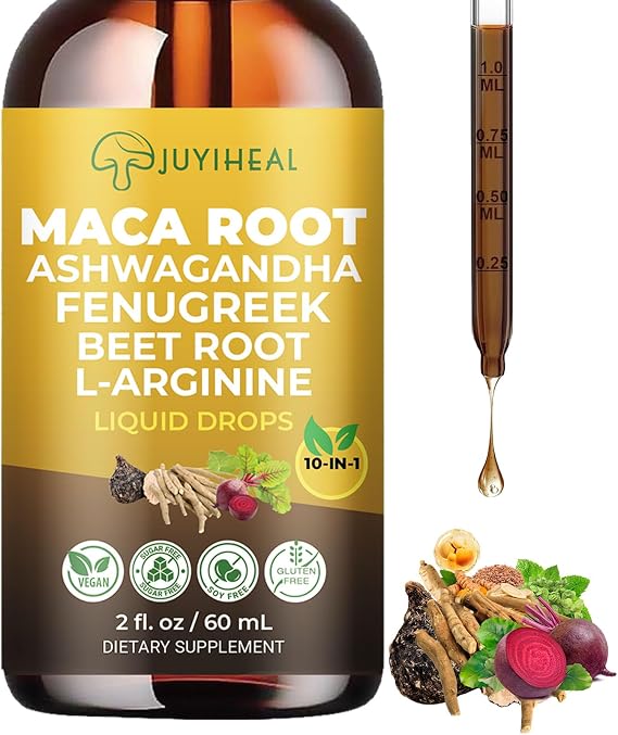 10-in-1 Maca Root Liquid Drops, Maca Root with Ashwagandha, Nettle, Fenugreek, Beet Root, and L-Arginine, Maca Supplement for Overall Support - 2 fl oz