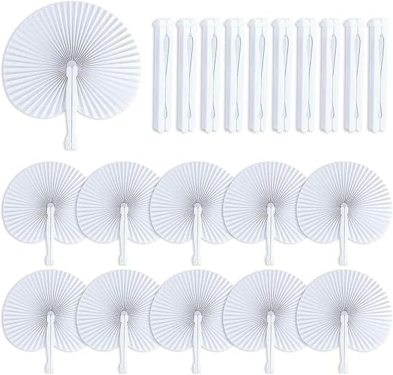 LATERN 72Pcs Folding Paper Fans, 25CM Round Paper Fans Chinese Handheld Fans White Wedding Fans with Plastic Handles for Summer Wedding Birthday Party DIY Favours Travel