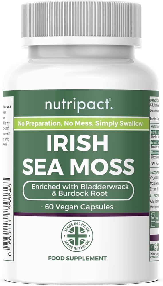 Nutripact Sea Moss Capsules, Bladderwrack and Burdock Root - 3280mg per Serving - One a Day High Strength - Easy to Swallow - Natural Source of Iodine - Chondrus Crispus - 60 Vegan Capsules