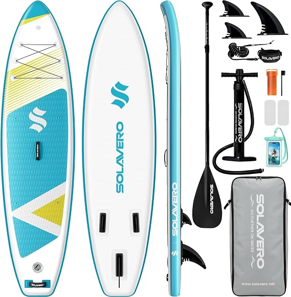SOLAVERO 11' Inflatable Stand Up Paddle Board with SUP Accessories | 500lb Capacity, 33" Wide, Paddleboard with Non-Slip EVA Deck for Adults, Easy Inflate & Storage, for Fishing, Surfing & Yoga