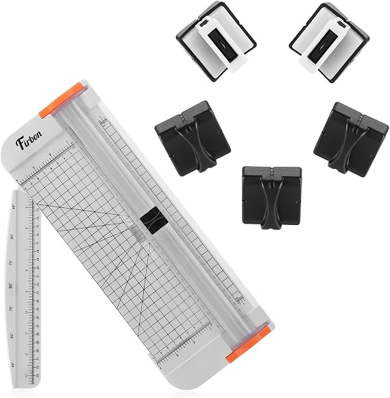 Firbon White A4 Paper Cutter Bundle with 5Pcs Black Refill Blades, 12 Inch Paper Trimmer with Side Ruler for Scrapbooking, Craft, Coupon, Label, Cardstock