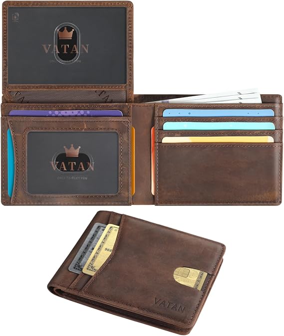 Vatan Wallet for Men Slim RFID Blocking Leather Credit Card Holder Wallet for 15 Cards, Bifold Minimalist Thin Wallet with 2 ID Windows & Cash Slot, with Gift Box (CH Coffee)