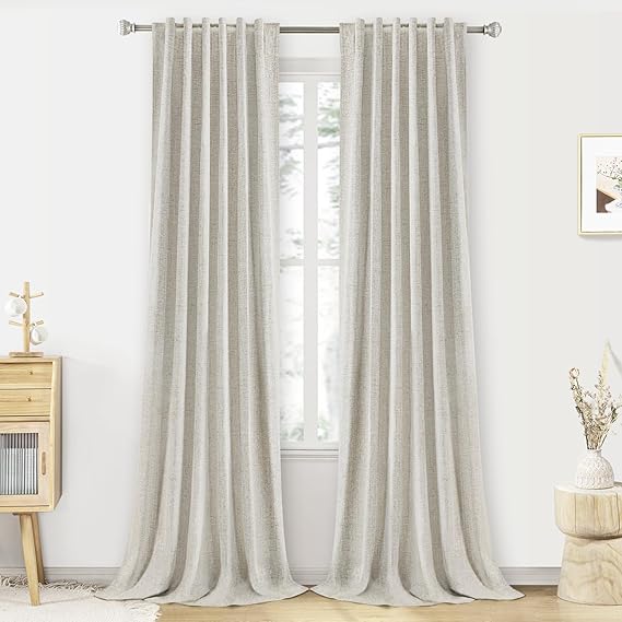 PANGSINNE Linen Blend 100% Blackout Curtains - 144 Inch Length Thermal Insulated Room Darkening Drapes for Bedroom, Back Tab Black Out Linen Curtain, 12 FT High Ceiling to Floor