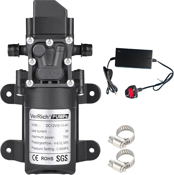 VerRich 12V Water Pumps Diaphragm Pump with Power Supply Adaptor and 2 Adjustable Hose Clamps for Water Tap,Motorhome,Caravan