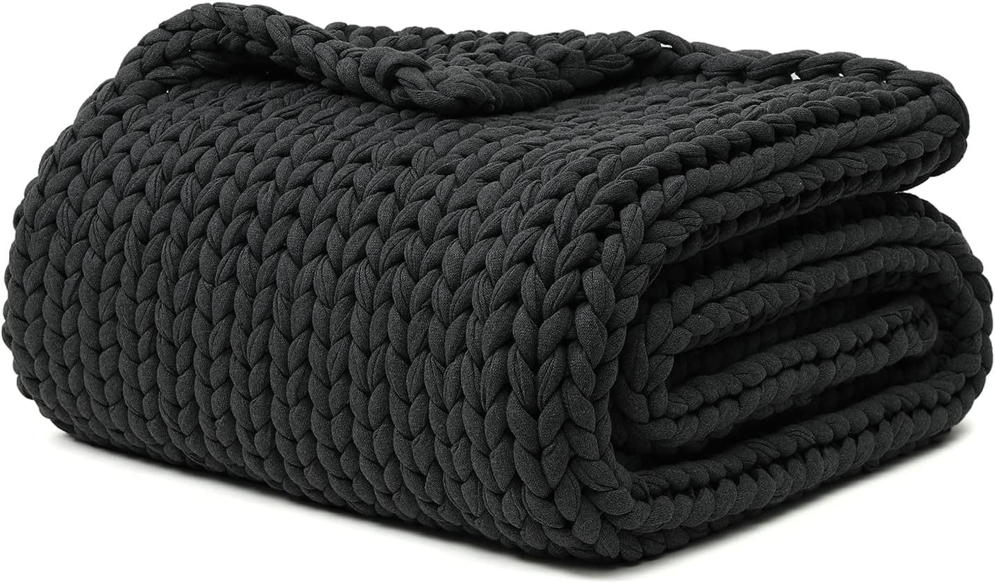 YnM 100% Cotton Weighted Blanket, Handmade Chunky Knitted Throw, No fillers Design, Soft and Breathable, Machine Washable Bed Blanket for Sleep or Home Decor Dark Grey, 50x60 Inch, 15lbs