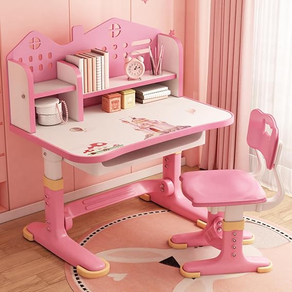Kids Desk and Chair Set, School Desk for Kids with Spacious Storage Drawer, Kids Study Table and Chair Set, Widened Desktop Toddler Desk, Kids Adjustable Study Desk for Home Writing (Pink-1)