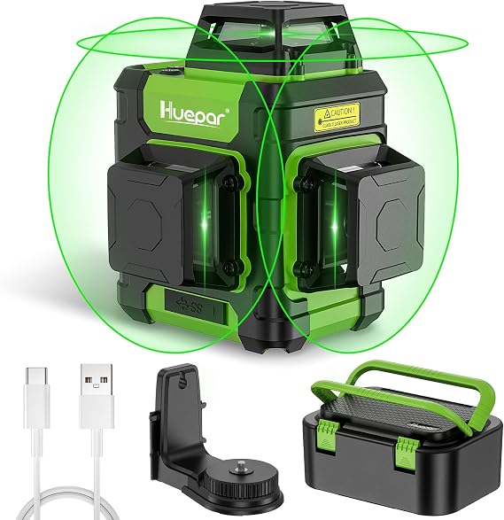 Huepar Laser Level 360 Self Leveling, Rechargeable Green Laser 3x360 Cross Line Lazer Leveler 3D Level Laser Tool for Construction and Picture Hanging, Strong Magnetic Bracket&Hard Carry Case -HM03CG