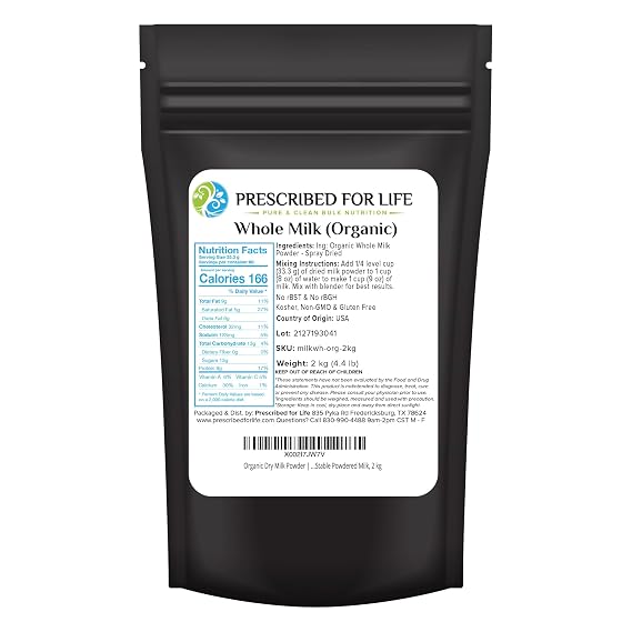 Prescribed For Life Organic Dry Milk Powder, USDA Grade A Whole Milk rBST & rBGH Free, Non GMO, Kosher, Shelf Stable Whole Milk Powder (2kg / 4.4lb)