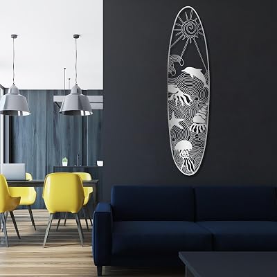 Yemwot Metal Surf Board Wall Decor, Metal Coastal Wall Decor, Surf Board Art, Surfboard Decor, Surfboard Sign, Living Room, Bedroom or Outdoor Hangings 7x29| 19x76cm, Sliver