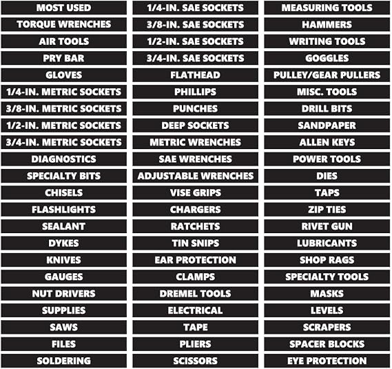 Toolbox Organizational Sticker Labels Ultimate Set by DCM Solutions (Black, 0.50" H x 4.5" W)