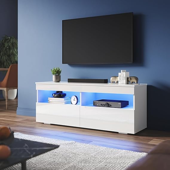 LED TV Unit Stand with RGB LED Lighted, High Gloss TV Stand with 2 Pull-Down Door, Modern Wall Mounted TV Cabinet with Open Storage Shelves and Drawers for Living Room, 1200x350x450mm, White