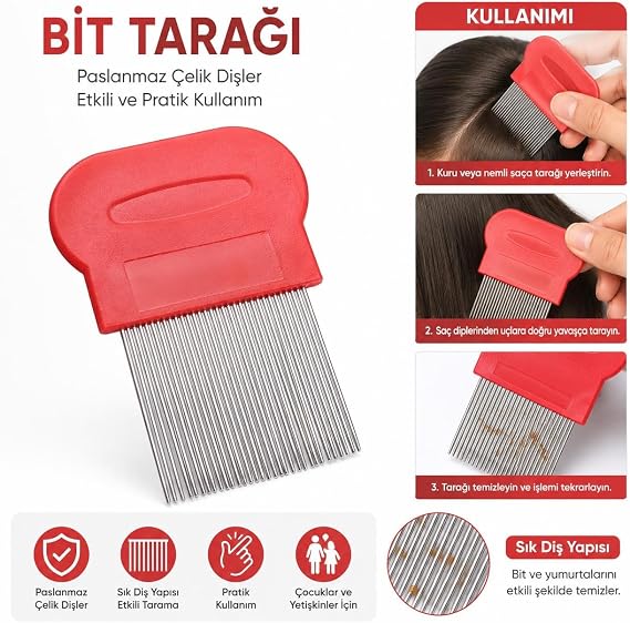 Paslanmaz Çelik Bit Tarağı İnce Dişli Saç Bit ve Sirke Temizleme Tarağı Ergonomik Plastik Saplı Bit Ayıklama Tarağı