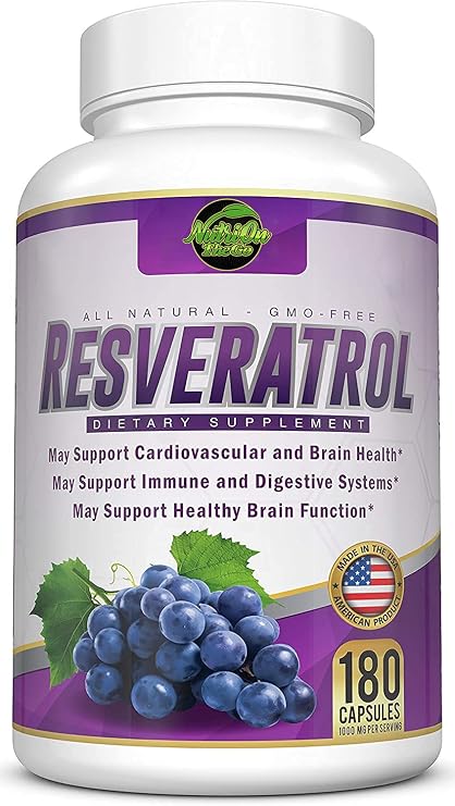 Resveratrol 1000mg Supplement - 180 Capsules of Maximum Strength Trans-Resveratrol Antioxidant for Brain Health, Anti-Aging and Cardiovascular Support - 90 Day Supply