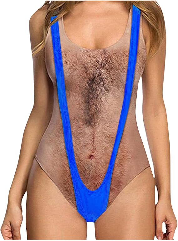 Funny Bathing Suits for Women 3D Hairy Chest Printed Hippie One Piece Swimsuits Sleeveless Swimwear Beachwear