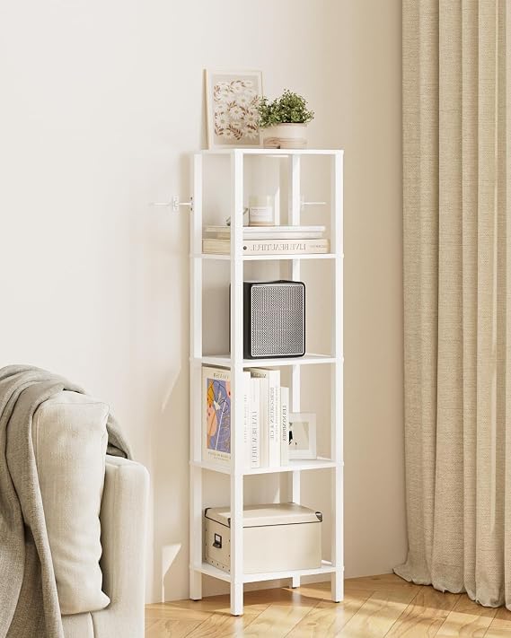 Book Shelf, 5 Tier Tall Bookshelf, Narrow Bookcase with Open Shelves, 38 x 27 x 136CM, Book Shelves for Living Room, Office, Study, White