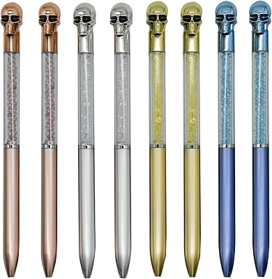 Maydahui 12 PCS Halloween Pen Skull Heads Shape Ballpoint Pens Retractable Bling Rhinestones Pen Colorful Crystal Quicksand Pens Black Ink for School Party Home