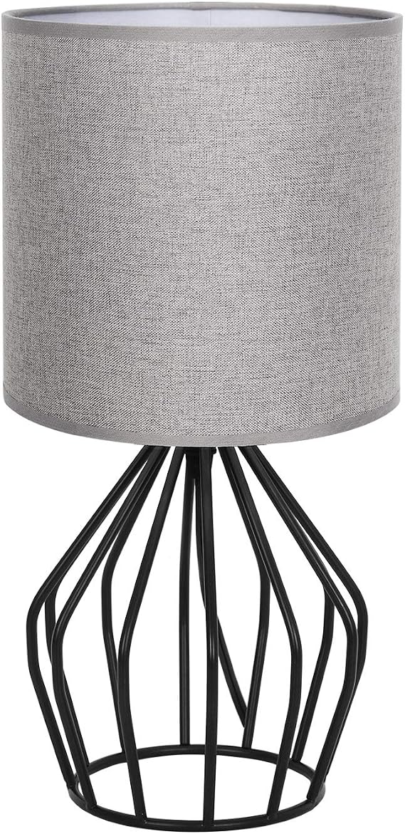 HAITRAL Farmhouse Table Lamp - Small Nightstand Lamp for Bedroom | Black Metal Cage Table Lamp for Living Room, Dorm, Office ,Hollowed Out Base, Gray
