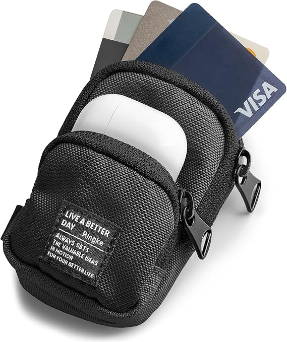 Ringke Mini Pouch Two Pocket, Small Bag for Universal Wireless Ear Buds, Durable Waterproof Keychain Backpack Accessories for AirPods Pro 3 & 2 & 1, AirPods 4 & 3 & 2 & 1 Case - Black