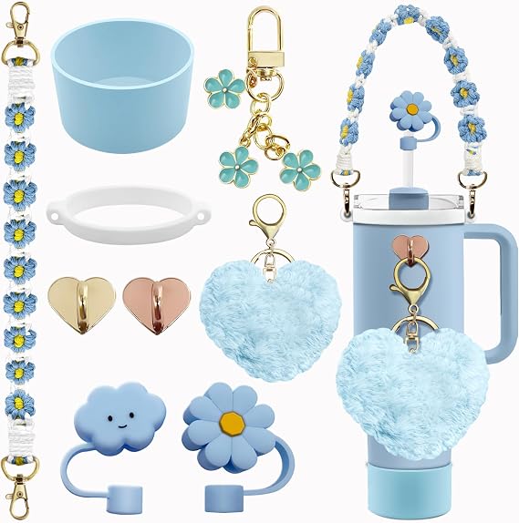 Stanley Tumbler Cup Accessories Set - 20oz, 30oz, 40oz With Silicone Straw Cover, Water Bottle Handle Strap, Charms, Silicone Cup Boot (Blue)