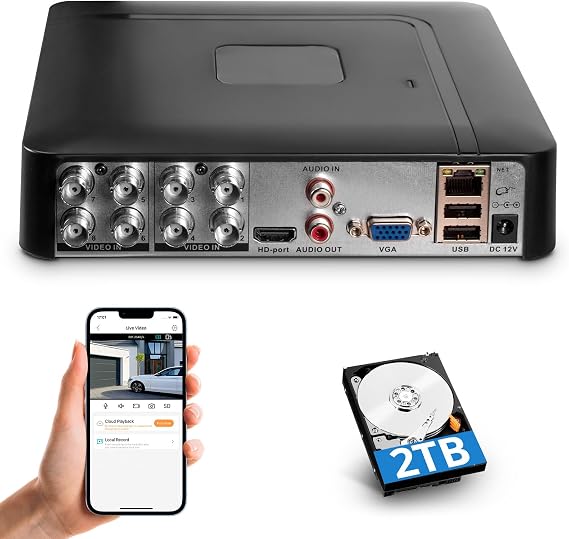 Fuers 8CH Security DVR Recorder for Home Security Camera System, Only Work with 2MP/3MP/4MP/5MP HD Analog Cameras, 24/7 Recording to Pre-Installed 2TB Hard Drive, Mobile APP & PC Remote, A1008NE5MP