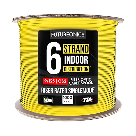 6 Fiber Indoor Distribution Fiber Optic Cable, OS2 9/125 Singlemode, Corning SMF-28 Ultra, Bend Insensitive, Yellow, Riser Rated, Spool, 1000 Foot
