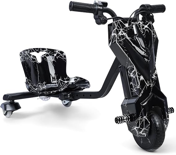 Electric Drift Trike for Kids Ages 8+, Big Wheel Drifting Tricycle with Adjustable Seat, 12V Battery Ride On, 360 Spin Rear Casters, LED Lights, Outdoor Toy (Black & White)