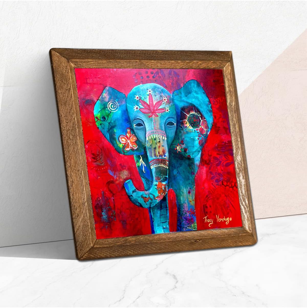 Pinecone Elephant Stone Wall Painting - Stone Painting with Wooden Frame - 25x25 cm - Decorative Wall Art - Modern Home and Office Wall Decoration W1-214