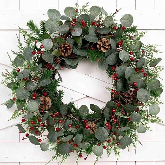 Christmas Wreath 24inch Christmas Wreaths for Front Door Xmas Red Berry Wreath with Eucalyptus Leaves Pine Cones Red Berries for Wall Window Indoor Outdoor Winter Decorations