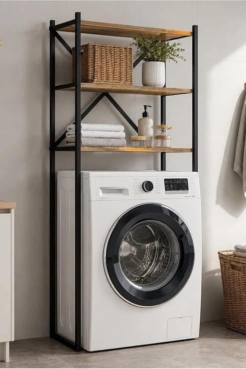 Braga Metal 3 Çamaşır Makinesi Üstü Düzenleyici Raf Banyo Dolap, Siyah - Çam, 162 × 70 cm