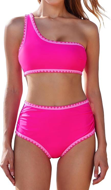 MOOSLOVER Women Whip Stitch Bikini Sets One Shoulder High Waisted 2 Piece Swimsuit Summer Beach Swim Bathing Suits