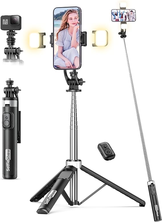 53'' Selfie Stick Tripod with Light, Extendable Selfie Stick with Remote, Portable Cell Phone Tripod Stand with All in 1 Phone Clip, Lightweight Camera Tripod Compatible with iPhone 17 16 15, Android