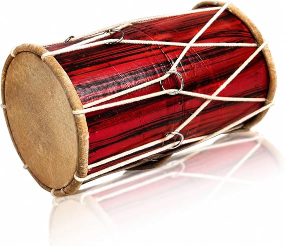 Wooden Dholak Drum, 10 x 6 Inch, Small, Indian Hand Percussion Instrument | Handmade leather drumheads, classical indian Punjabi dholki for weddings, bhajans, folk music, home décor display, gifting