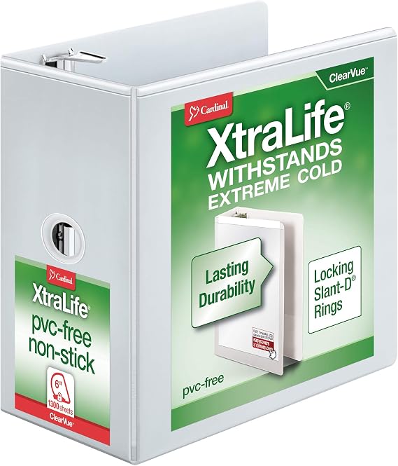 Cardinal 3 Ring Binder, 6 Inch Heavy Duty XtraLife Binder, Locking Slant-D Rings, Crack-Resistant Cover & Spine, ClearVue Covers with Shelf Pull, Holds 1,300 Sheets, White (26366)