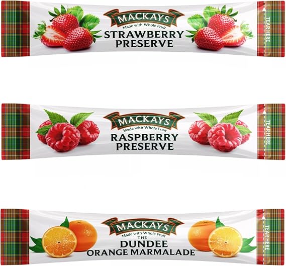 Urban Wellbeing Mackays Assorted Jam and Marmalade Sticks, 24 x 15g Sticks, 8 each of Strawberry, Raspberry and Dundee Marmalade
