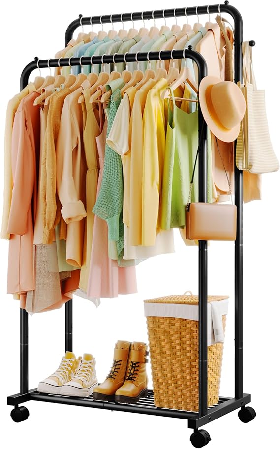 Sakugi Double Rod Clothing Rack Shoe Shelf & Hooks, 73x42x150cm, Black | Rustproof Double-Rod, Anti-Slip Stoppers, Shoe Shelf & Hooks, Multifunctional For Laundry, Entryway, Bedroom & Shop