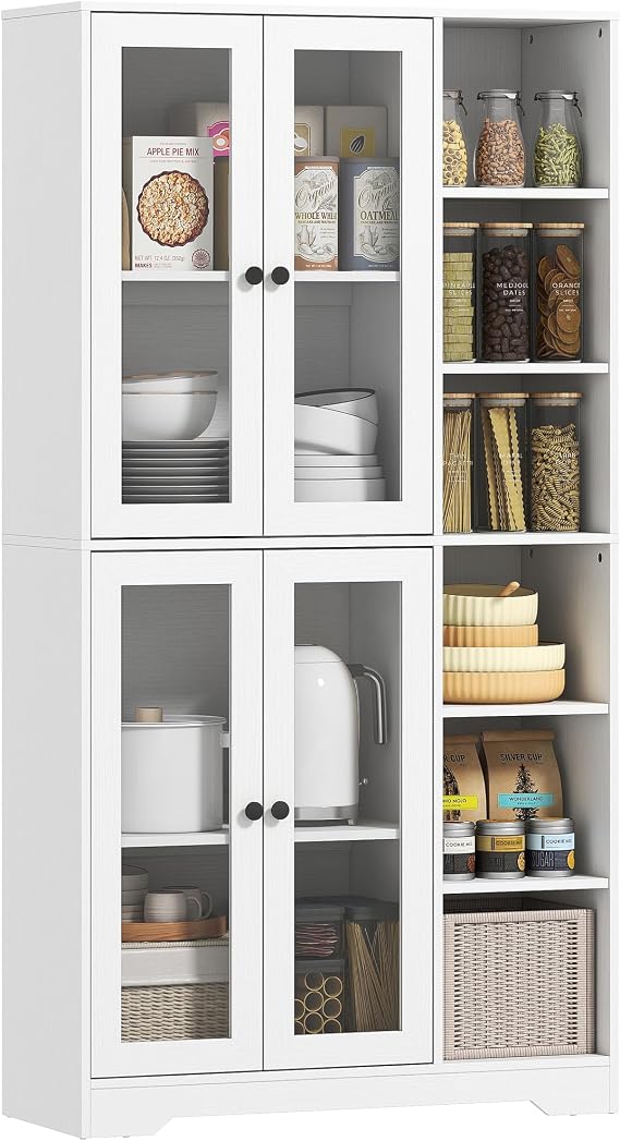 HOMCOM Küchenschrank Buffetschrank mit 4 Soft-Close-Glastüren 6 offenen Fächern Moderner Hochschrank mit Verstellbaren Einlegeböden Vorratsschrank 90 x 35 x 172 cm Weiß