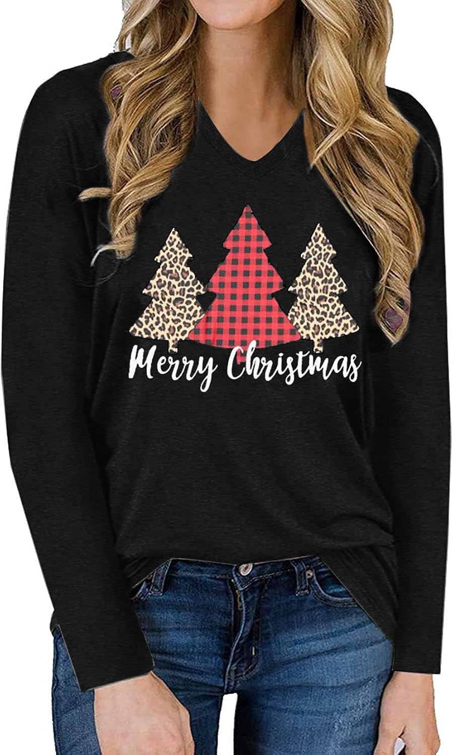 Women Merry Christmas Long Sleeve Shirts Plaid Leopard Christmas Tree Print Shirt Casual V Neck Raglan Sleeve Xmas Shirt