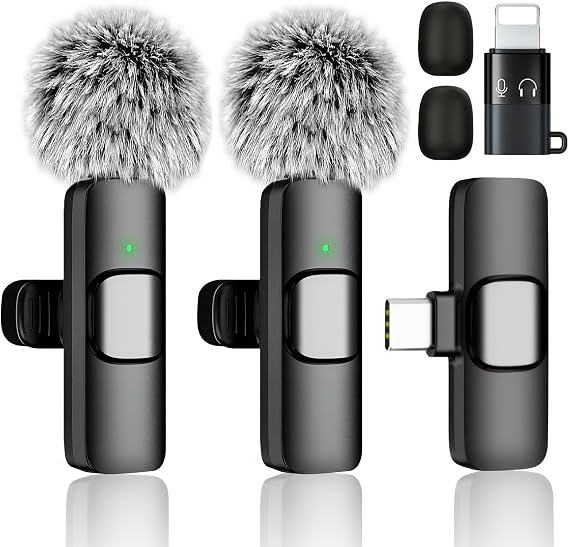 Wireless Lavalier Microphone, Wireless Mic Compatible For 2pcs Phone Clip On Mini Lapel Microphone For Video/Recording/Vlogging/Meeting